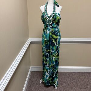 Vibrant Green and Blue Patterned Maxi Dress